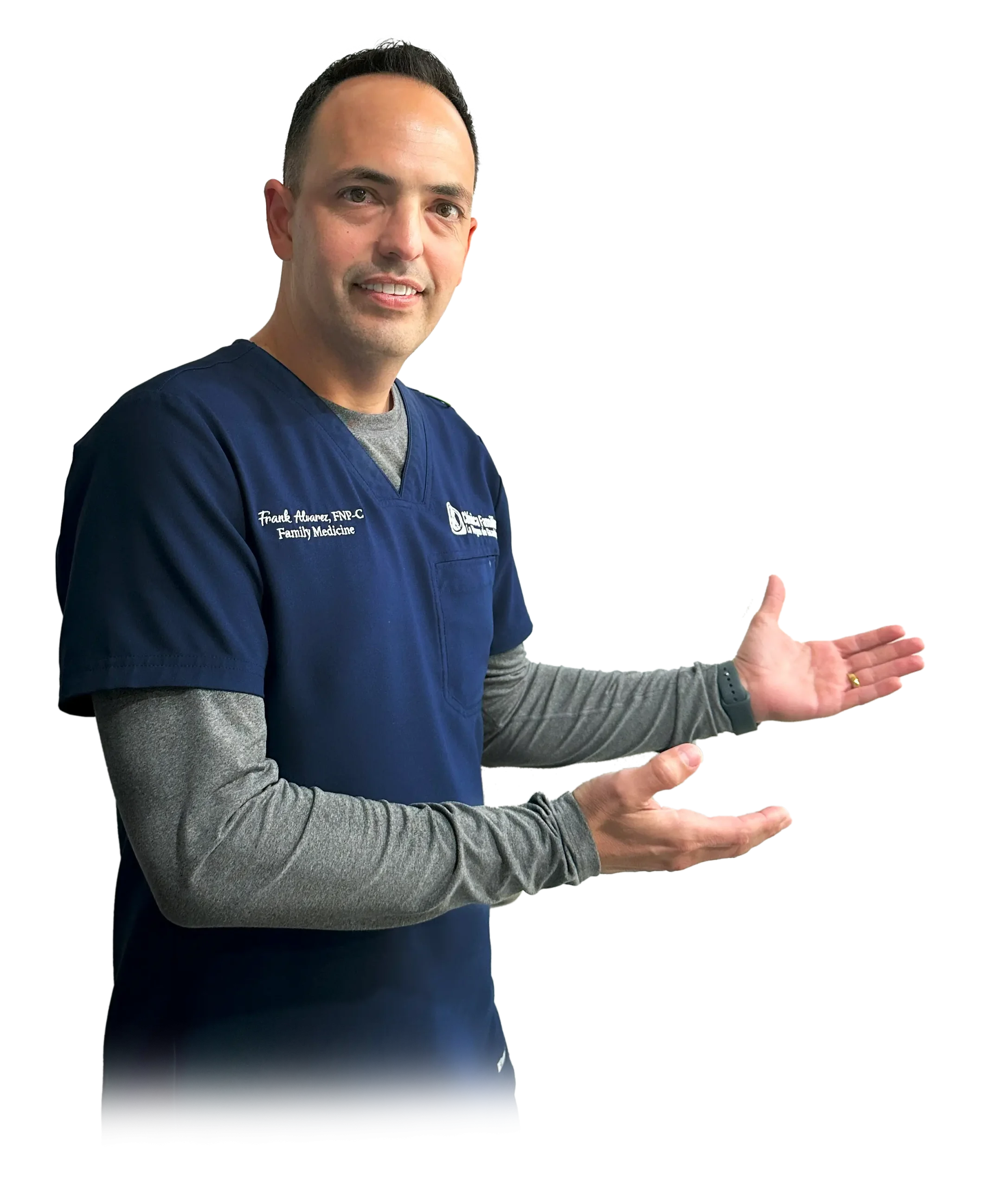 Frank-Alvarez-NP Doctor con uniforme de la Clínica Familiar La Virgen de Guadalupe, listo para brindar atención médica de calidad en un ambiente acogedor