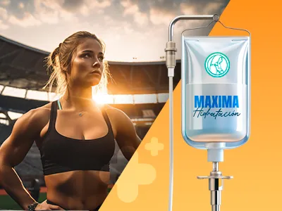 Bolsa de suero Máxima Hidratación junto a una mujer atlética en ropa deportiva negra bajo la luz del atardecer en un estadio.