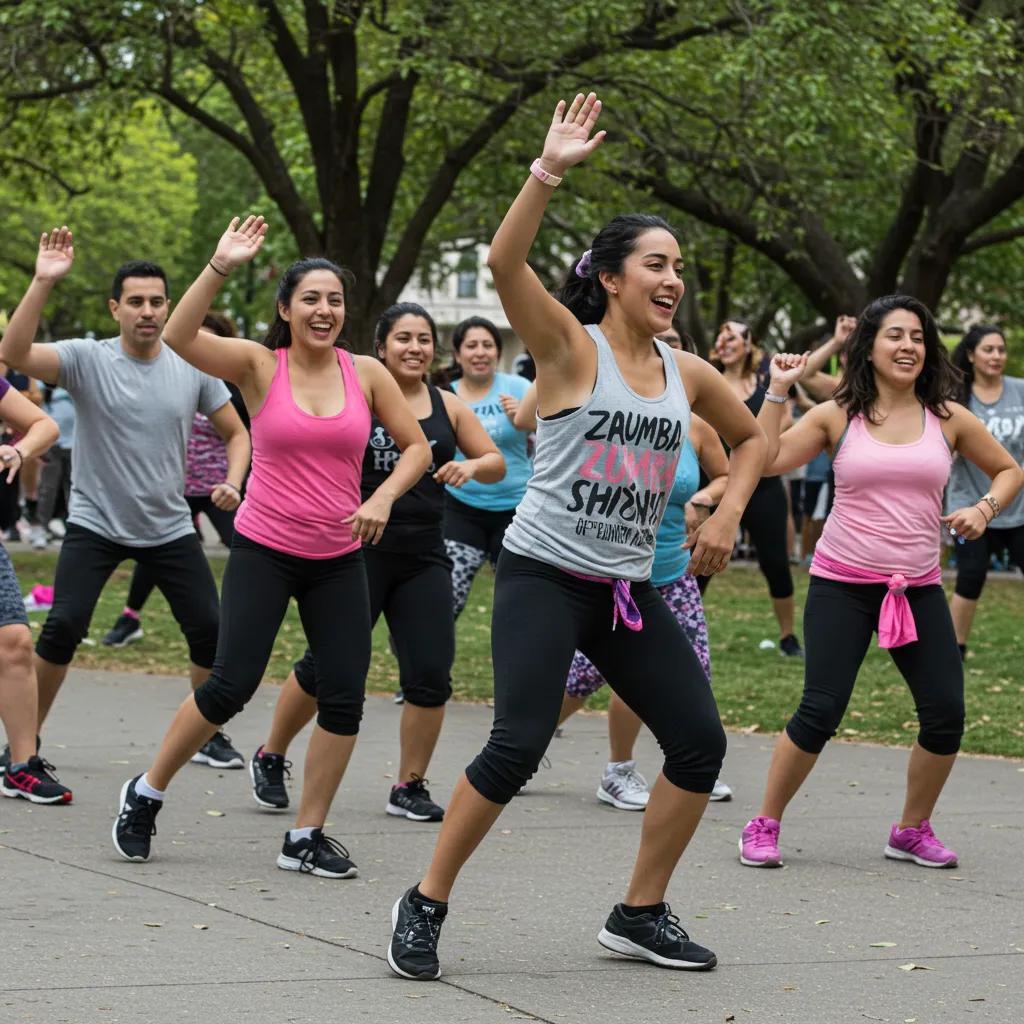 Miembros de la comunidad hispana disfrutando de una clase de Zumba en un parque