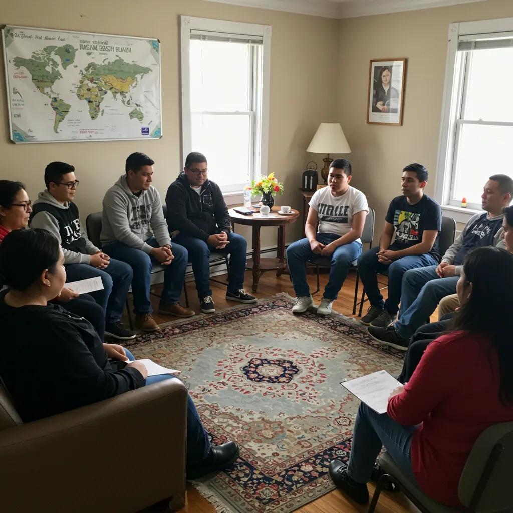 Individuos hispanos participando en un taller de apoyo para la salud mental