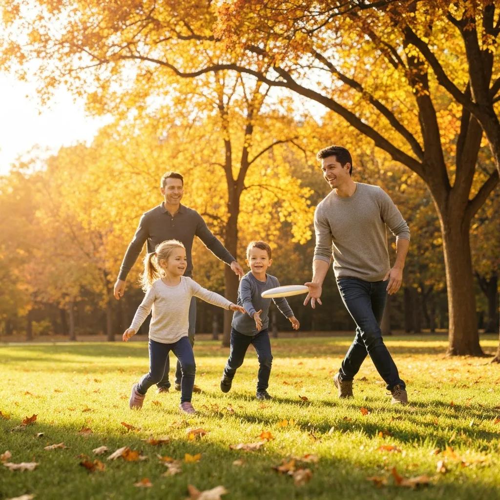 Familia disfrutando actividades al aire libre después de la cena de Thanksgiving, jugando frisbee en un parque