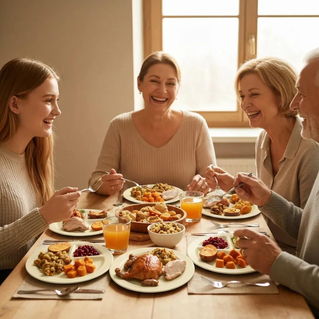 Familia controlando porciones en la mesa de Thanksgiving con platos equilibrados