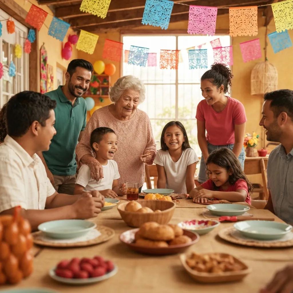 Reunión familiar hispana celebrando la gratitud con comida tradicional y ambiente festivo