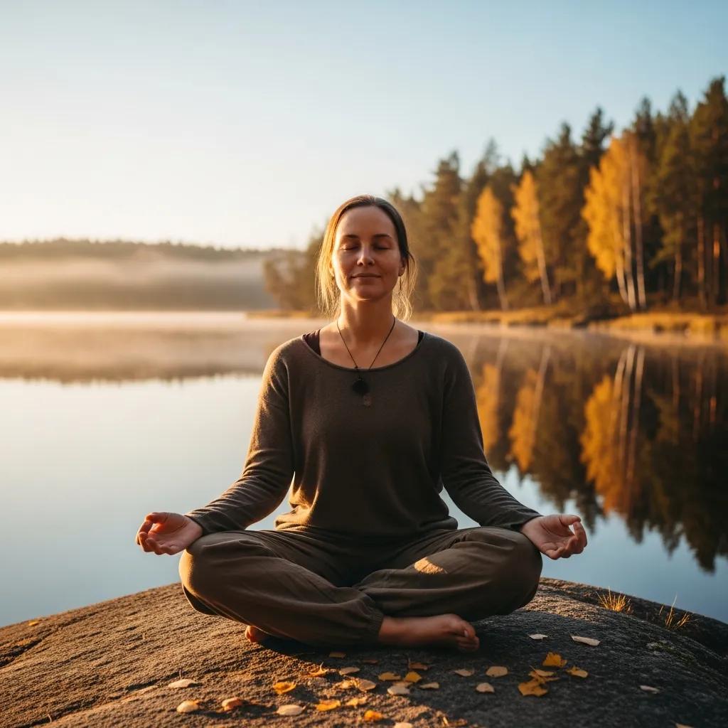 Persona practicando atención plena al aire libre, enfatizando la salud mental tras las fiestas