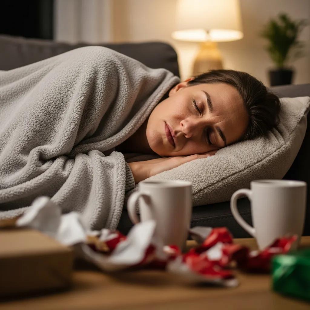 Persona cansada descansando en casa, mostrando síntomas de fatiga tras las fiestas