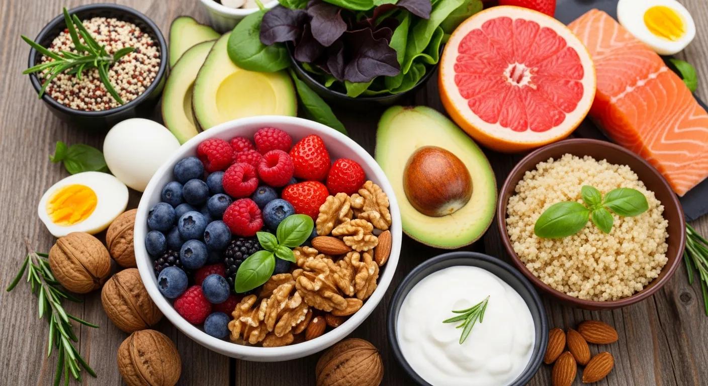 Selección de alimentos frescos y saludables que favorecen la salud metabólica
