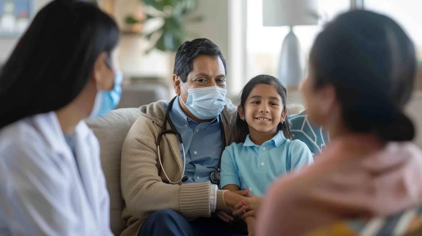 Alt: Familias hispanas en Dallas recibiendo chequeo médico preventivo en clínica, con enfoque en bienestar invernal y atención culturalmente sensible.