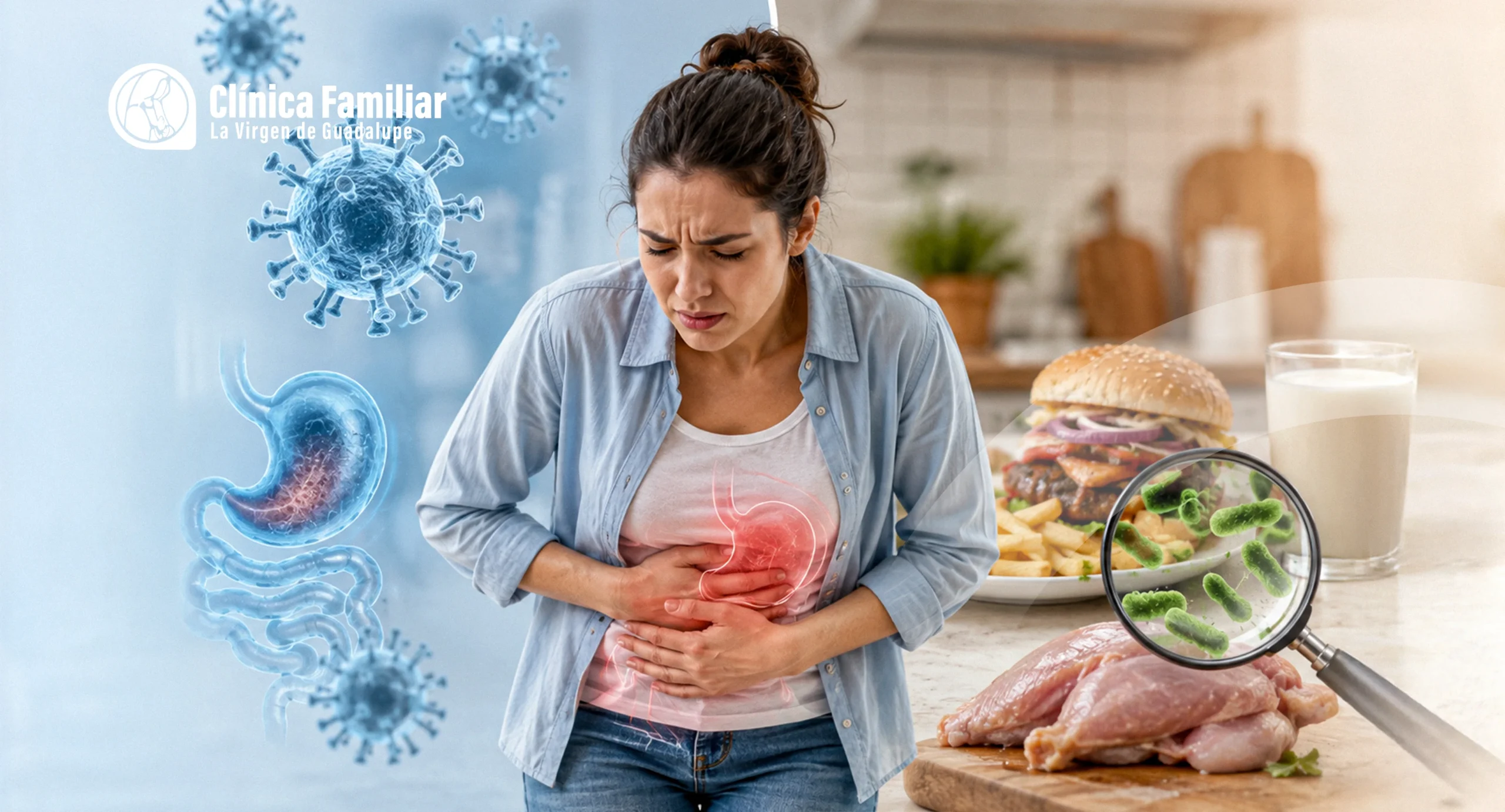 Paciente consultando síntomas de virus estomacal e intoxicación alimentaria